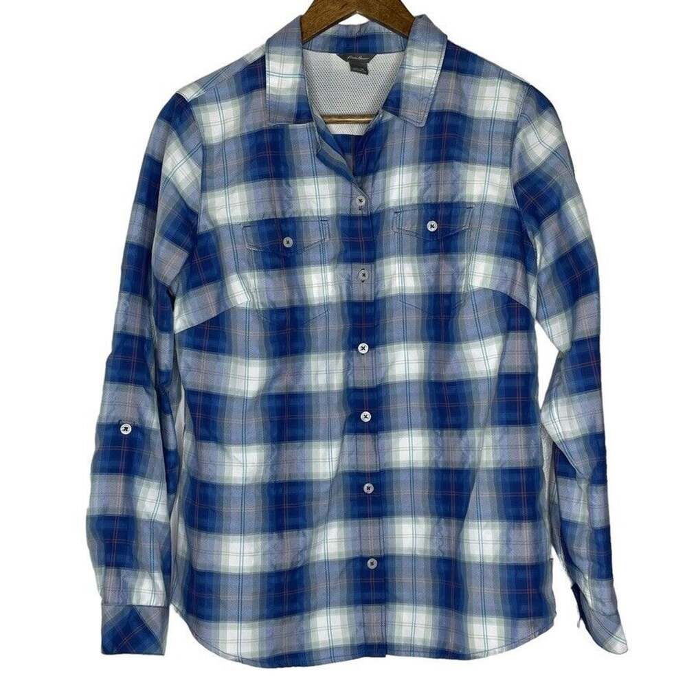 Eddie Bauer Blue White Plaid Top Roll Tab Hiking Long Sleeve Shirt M Women's